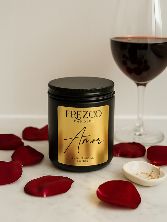 Frezco Candles Amor candle with a glass of red wine and rose petals on a white surface