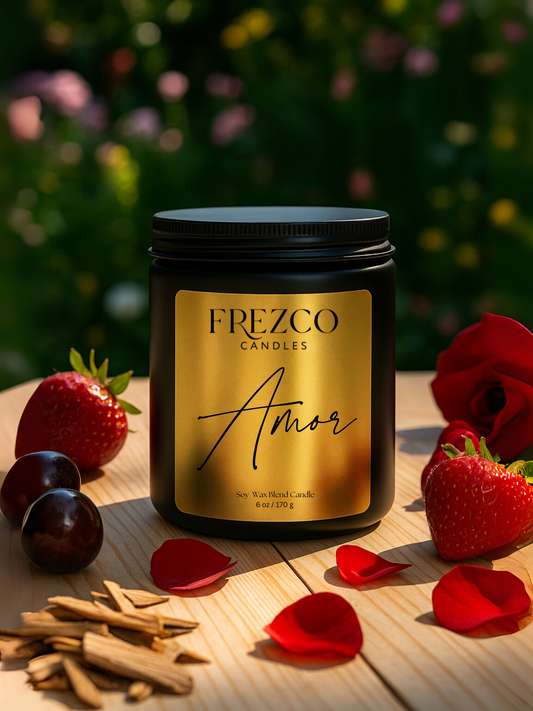 Frezco Candles 'Amor' candle with strawberries, rose petals, and cinnamon sticks on a wooden surface.