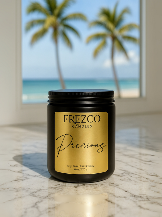 Frezco Candles Precious candle on a marble surface with a beach view in the background