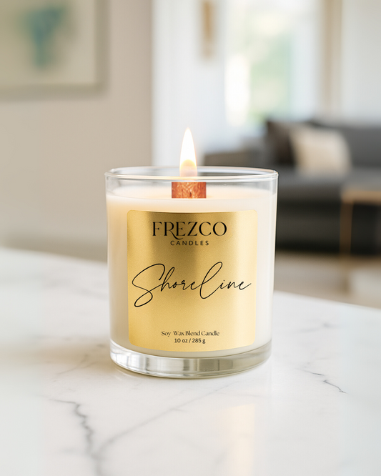 Shoreline 10oz Luxury Soy Candle – Coastal Coconut, Amber & Sandalwood | Wood Wick, Clean Burning Home Fragrance