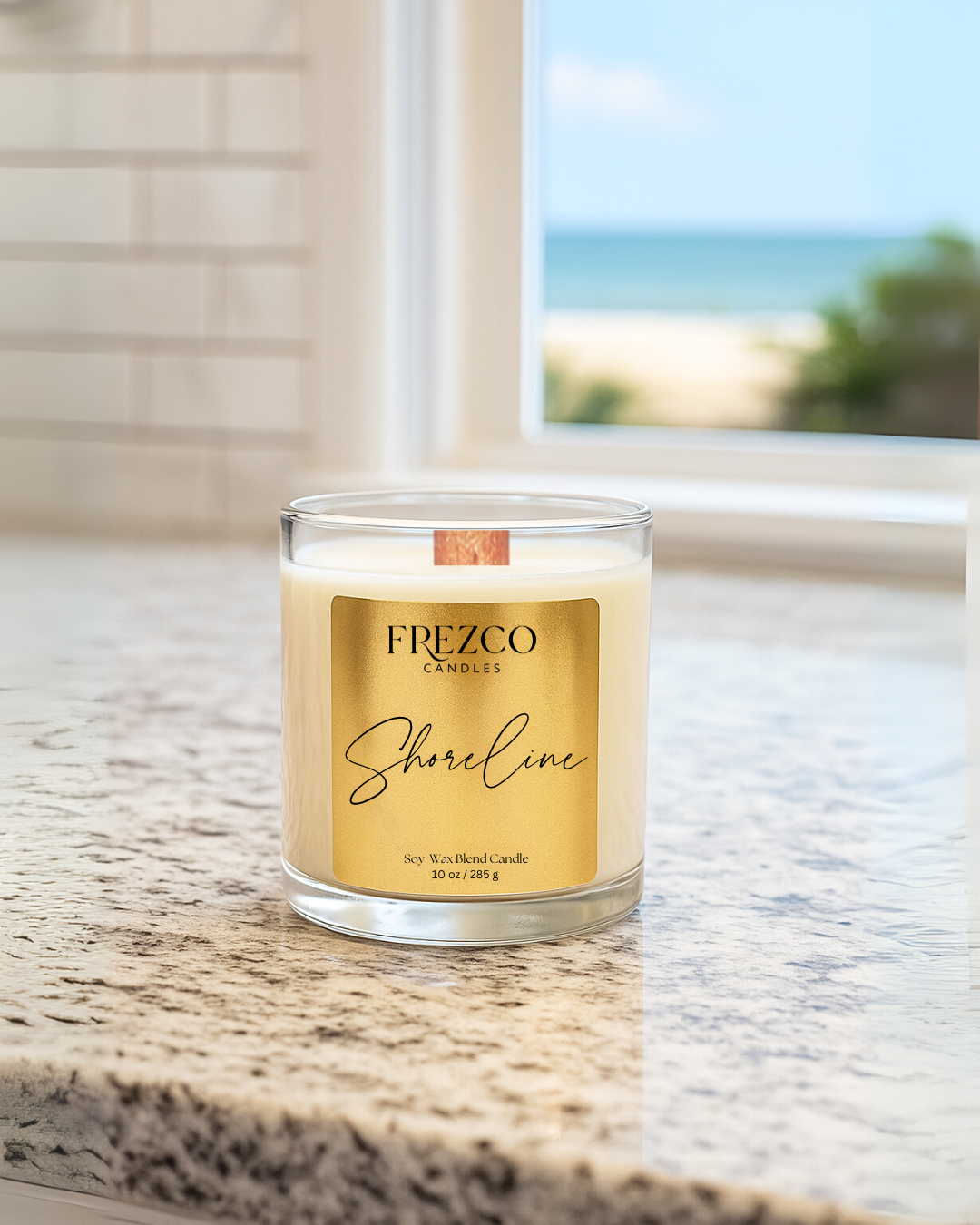 Shoreline 10oz Luxury Soy Candle – Coastal Coconut, Amber & Sandalwood | Wood Wick, Clean Burning Home Fragrance