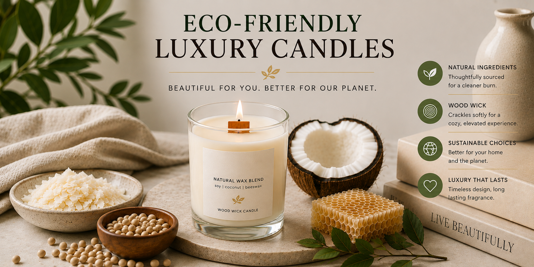 Eco-friendly luxury candle with natural soy, coconut and beeswax blend, wood wick and sustainable candle ingredients.