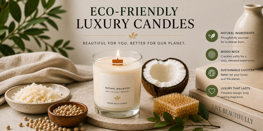 Eco-friendly luxury candle with natural soy, coconut and beeswax blend, wood wick and sustainable candle ingredients.