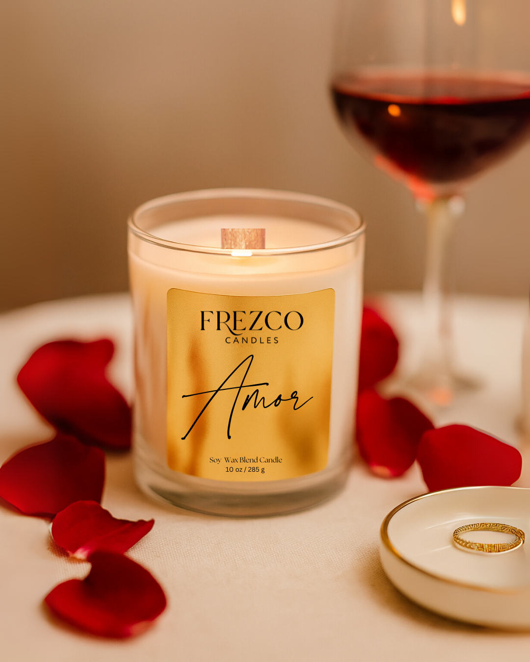 Amor 10oz Luxury Soy Candle – Gardenia, Strawberry & Sandalwood | Wood Wick, Clean Burning, Romantic Floral Home Fragrance