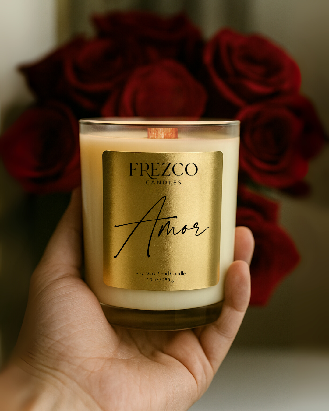 Amor 10oz Luxury Soy Candle – Gardenia, Strawberry & Sandalwood | Wood Wick, Clean Burning, Romantic Floral Home Fragrance