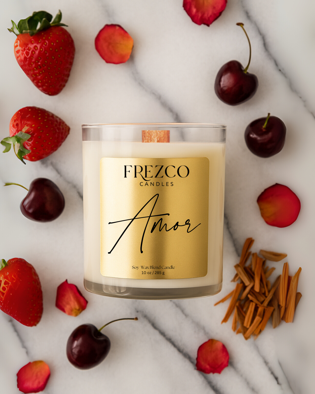Amor 10oz Luxury Soy Candle – Gardenia, Strawberry & Sandalwood | Wood Wick, Clean Burning, Romantic Floral Home Fragrance
