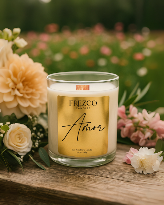 Amor 10oz Luxury Soy Candle – Gardenia, Strawberry & Sandalwood | Wood Wick, Clean Burning, Romantic Floral Home Fragrance