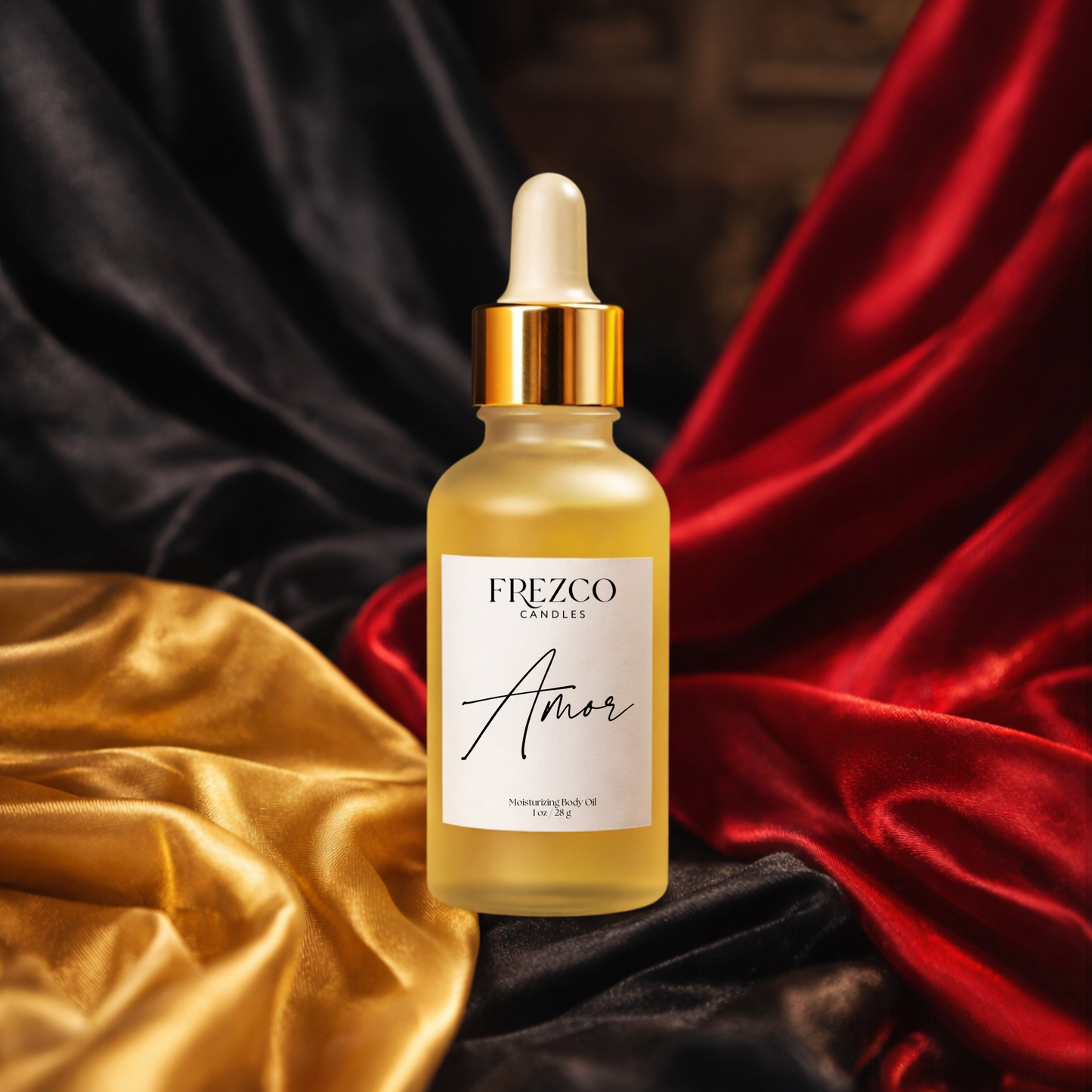 Frezco Amor bottle on a luxurious fabric background