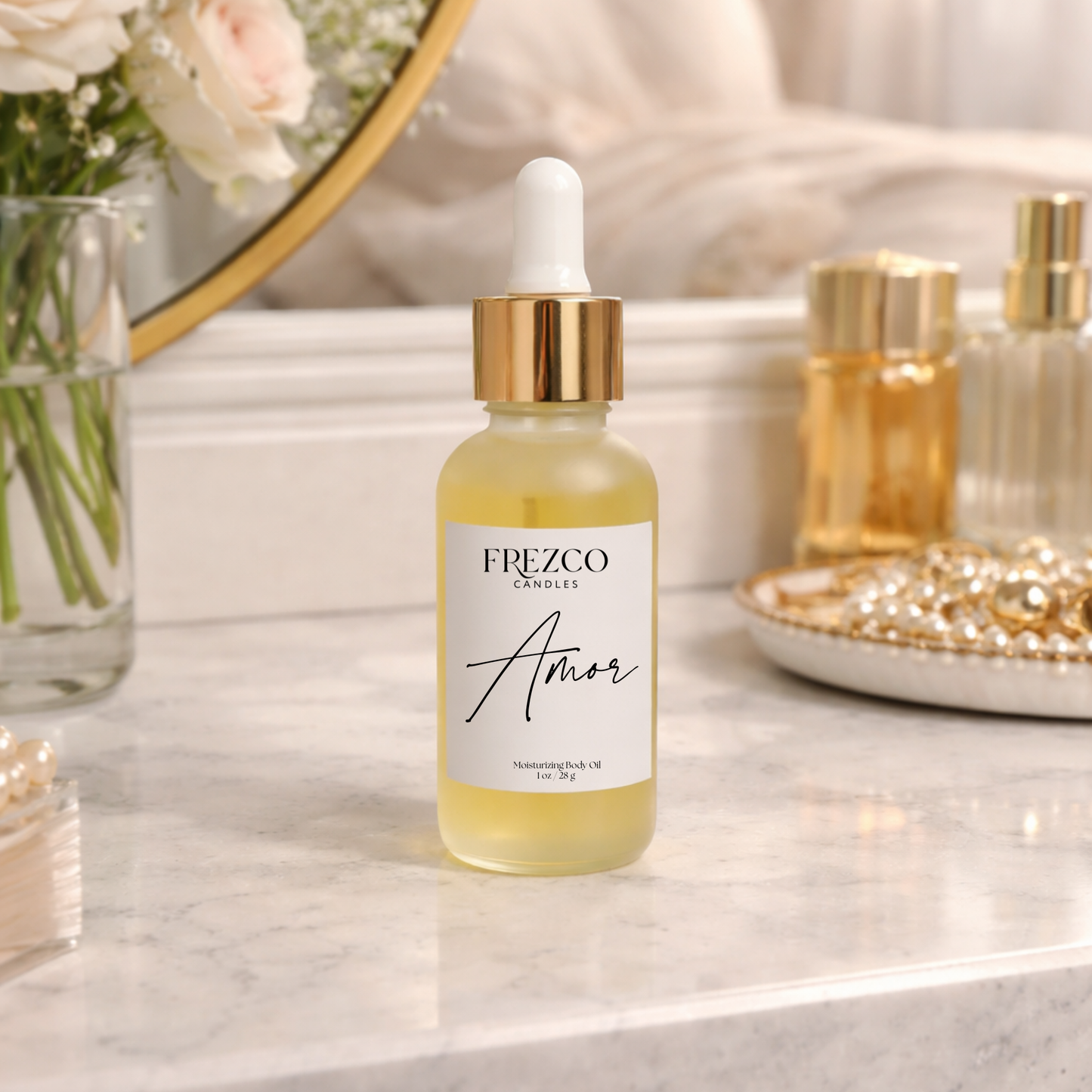 Frezco Candles Amor skincare product on a marble surface with decorative items in the background