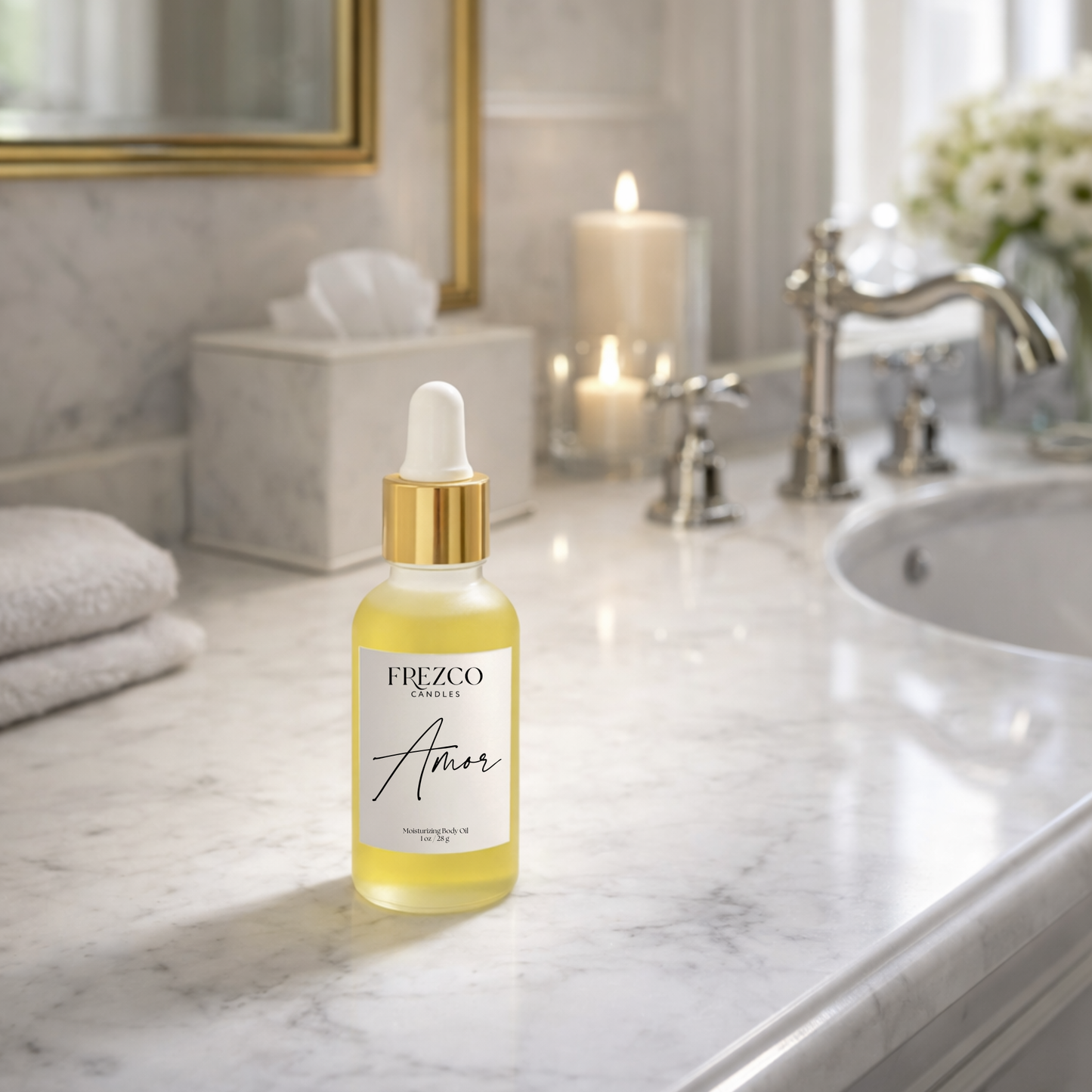 Frezco Amor skincare serum bottle on a bathroom counter with candles and mirror in the background