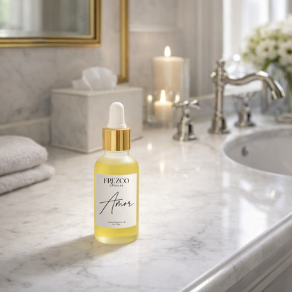 Frezco Amor skincare serum bottle on a bathroom counter with candles and mirror in the background