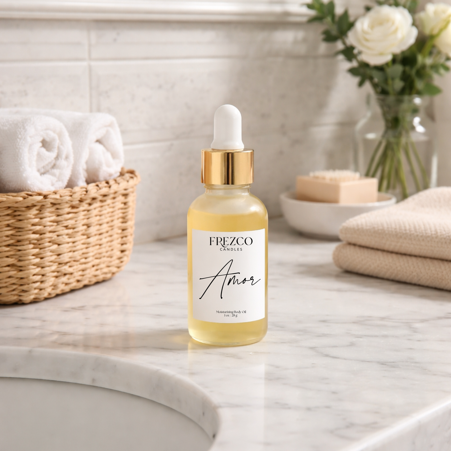 Frezco Amor skincare serum bottle on a bathroom counter with towels and flowers in the background
