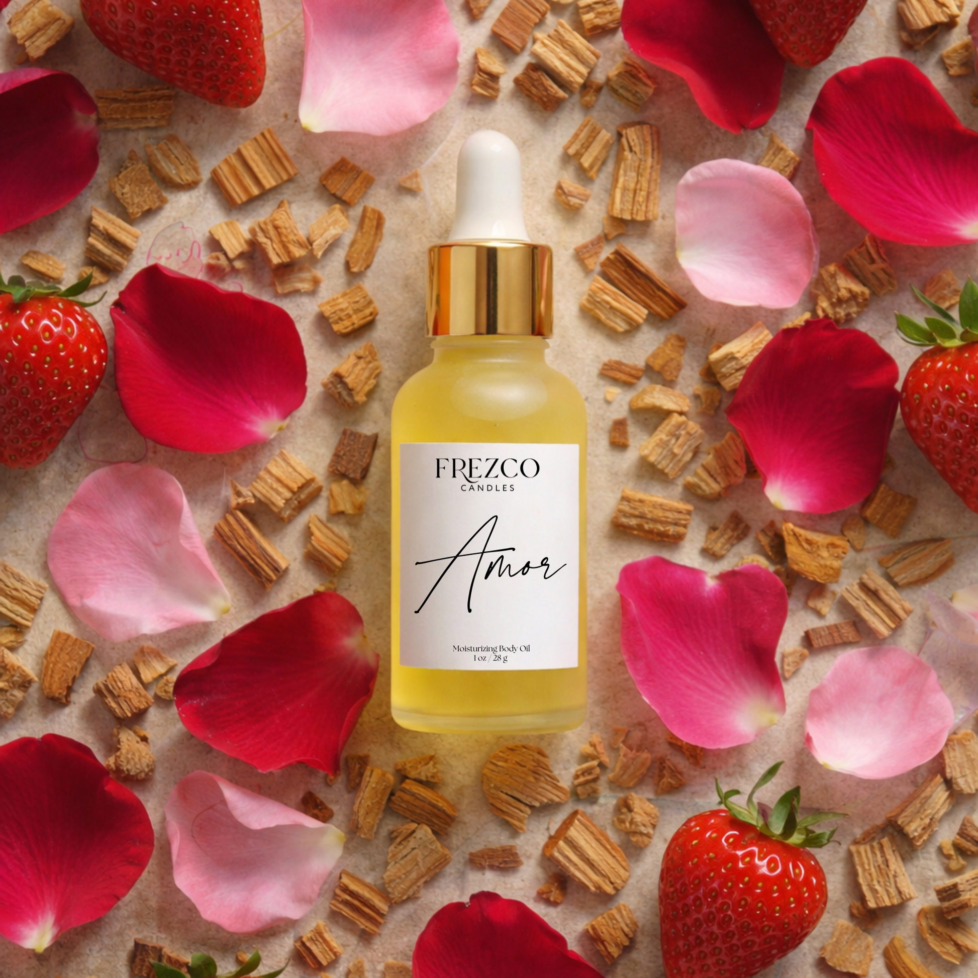 FREZCO Amor oil bottle surrounded by strawberries and rose petals on a textured surface