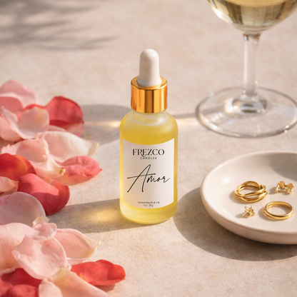 Frezco Amor skincare serum bottle with rose petals and a glass of wine in the background