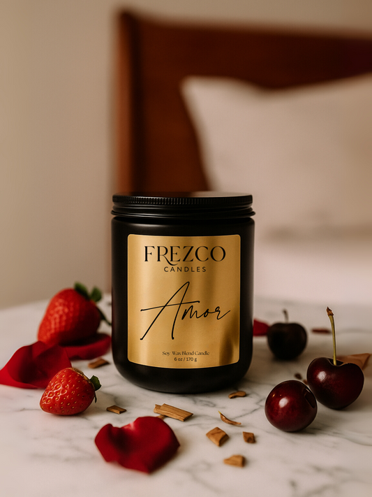 Frezco Candles 'Amor' candle with strawberries and cherries on a marble surface.
