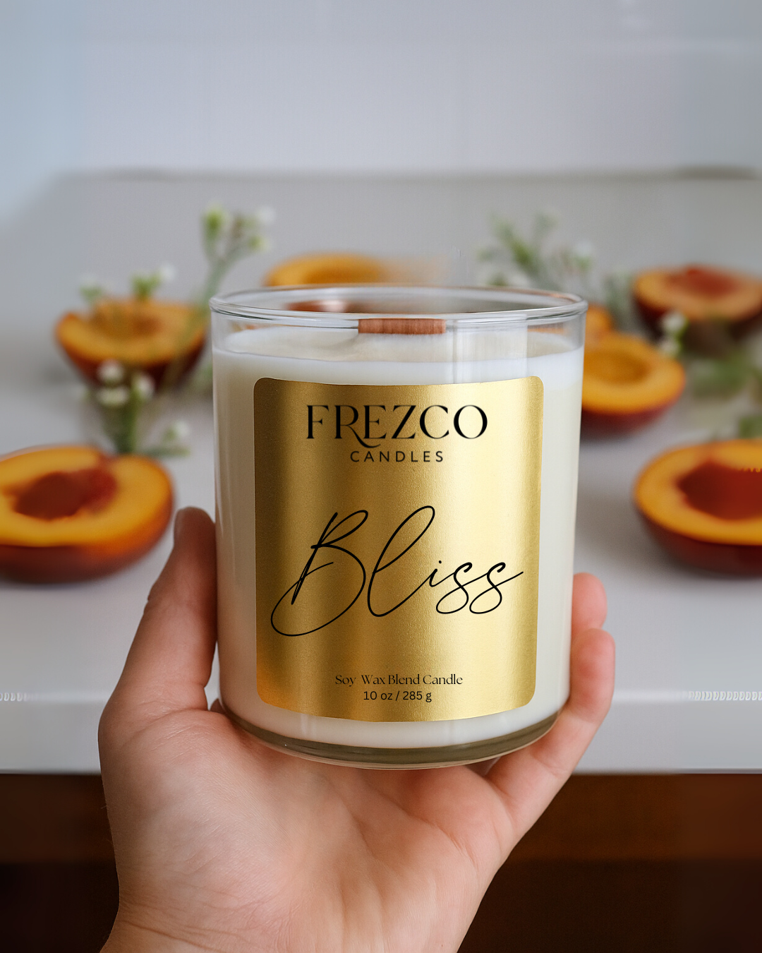 Bliss 10oz Luxury Soy Candle-Peach Blossom, Peach & Vanilla | Wood Wick, Clean Burning Elegant Home Fragrance