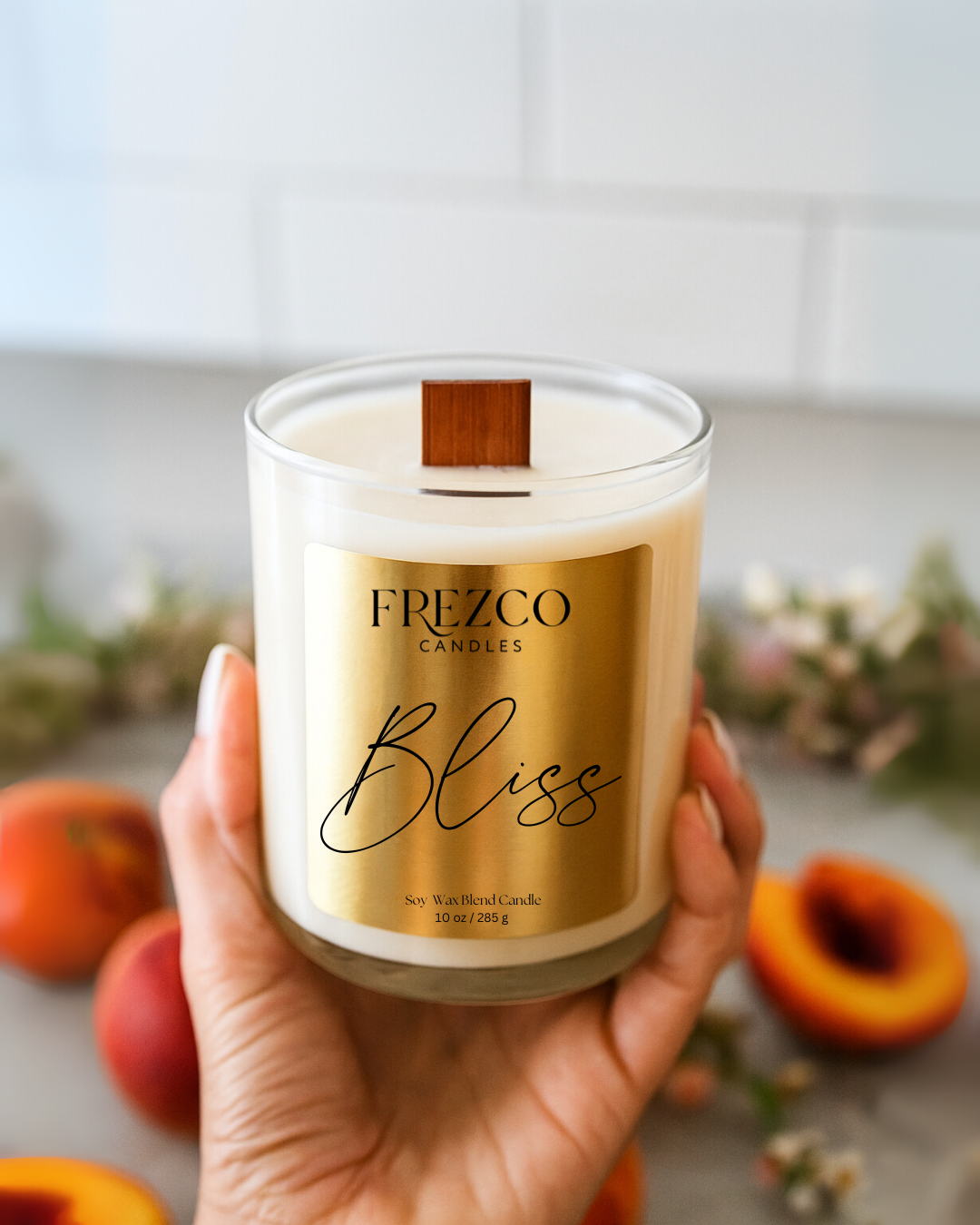 Bliss 10oz Luxury Soy Candle-Peach Blossom, Peach & Vanilla | Wood Wick, Clean Burning Elegant Home Fragrance