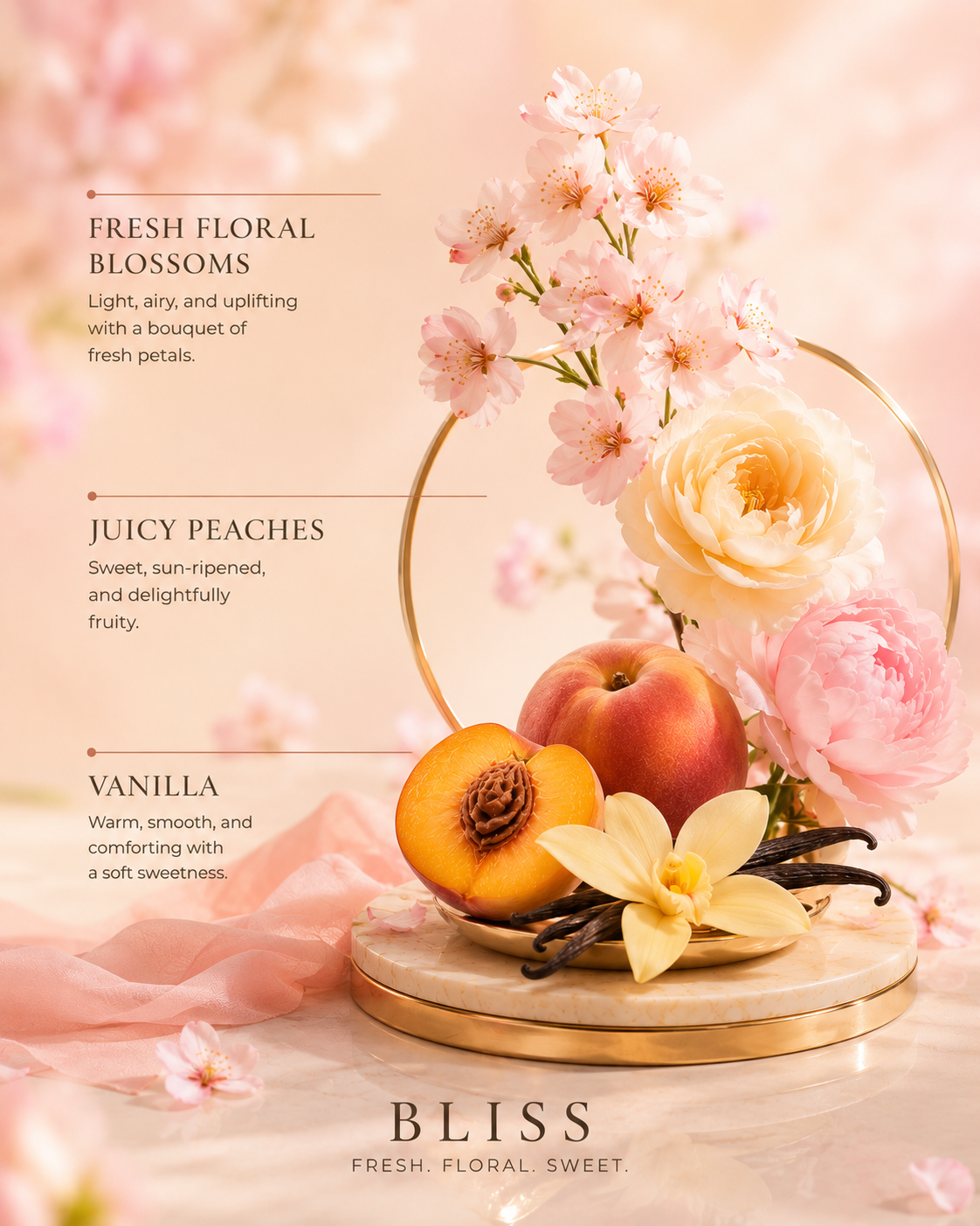 Decorative arrangement with peaches, flowers, and vanilla beans on a light background.