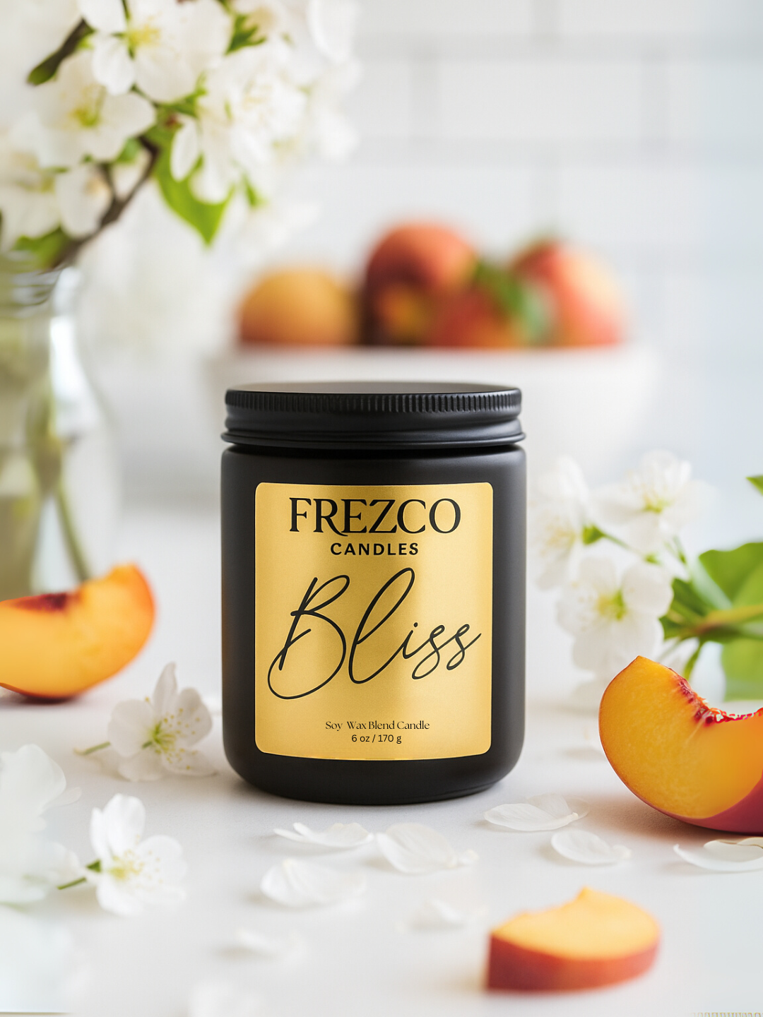 Bliss 6oz Luxury Soy Candle – Peach, Floral & Vanilla | Wood Wick, Clean Burning Home Fragrance