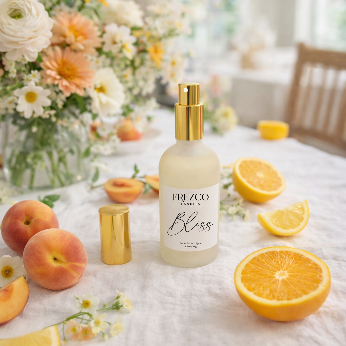 Frezco Bliss candle with peaches, oranges, and flowers on a table