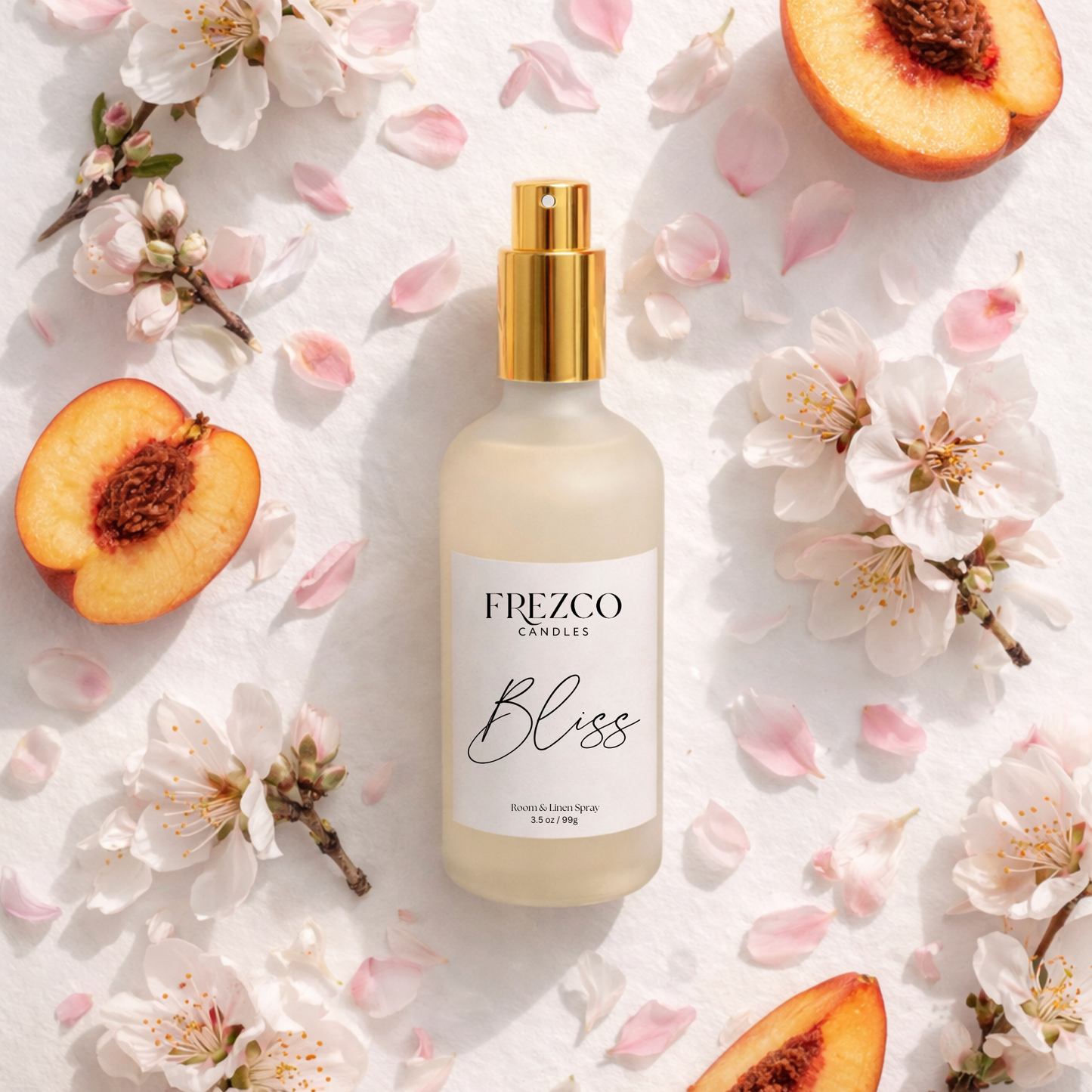 FREZCO Bliss bottle surrounded by flowers and peaches on a light background