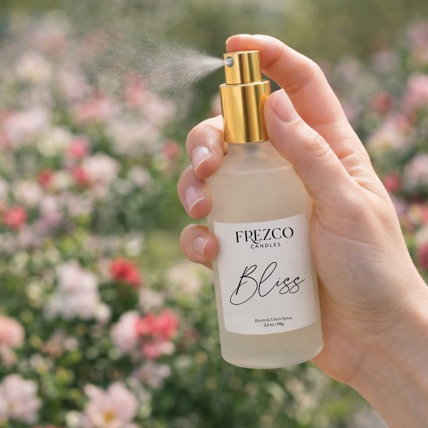 Hand holding a Frezco Candles 'Bliss' spray bottle with a blurred floral background