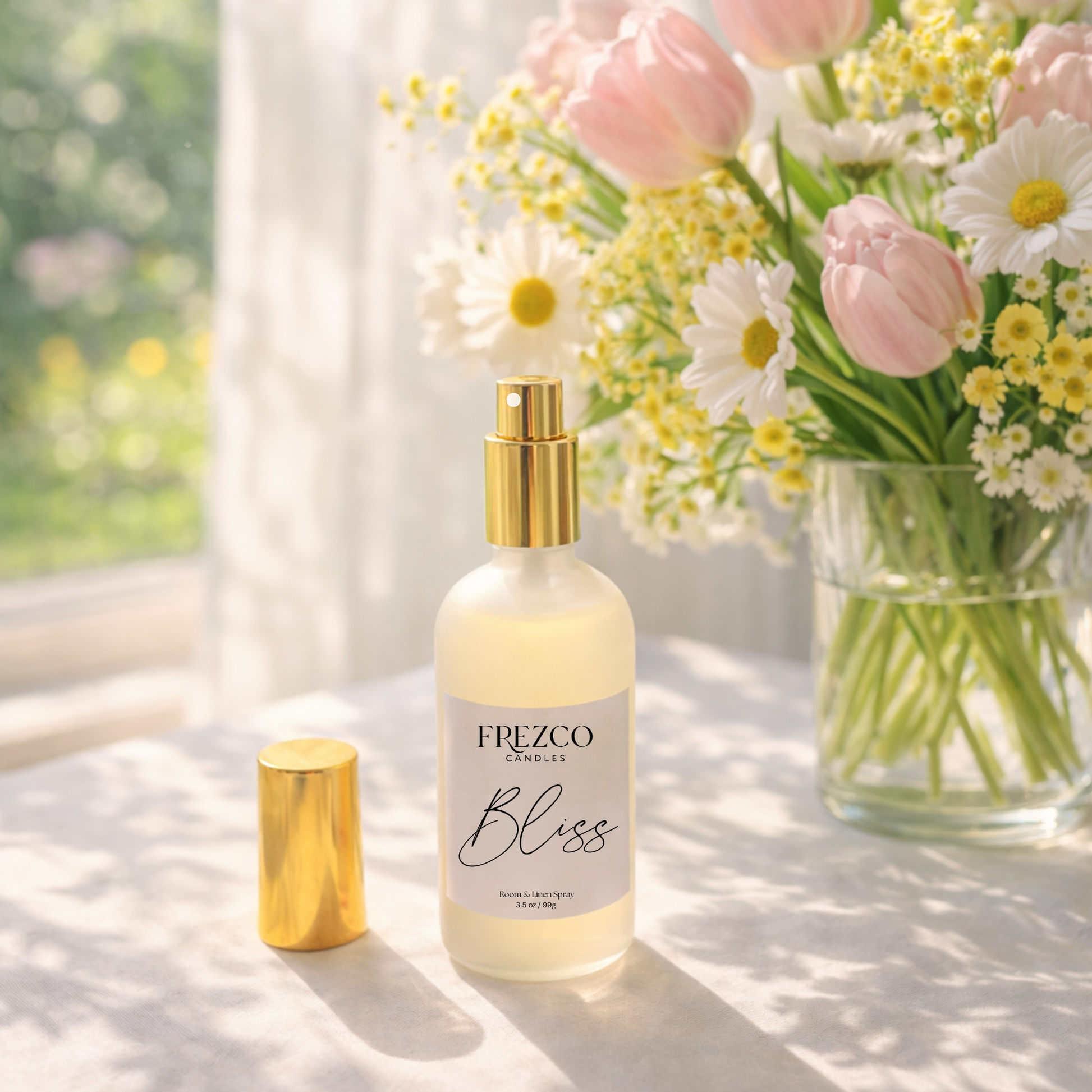 Frezco Bliss bottle with gold cap on a surface with flowers in the background
