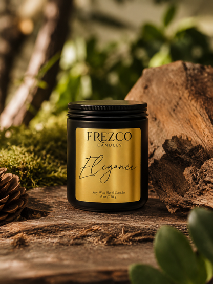 Frezco Candles Elegance candle on a wooden surface with natural background