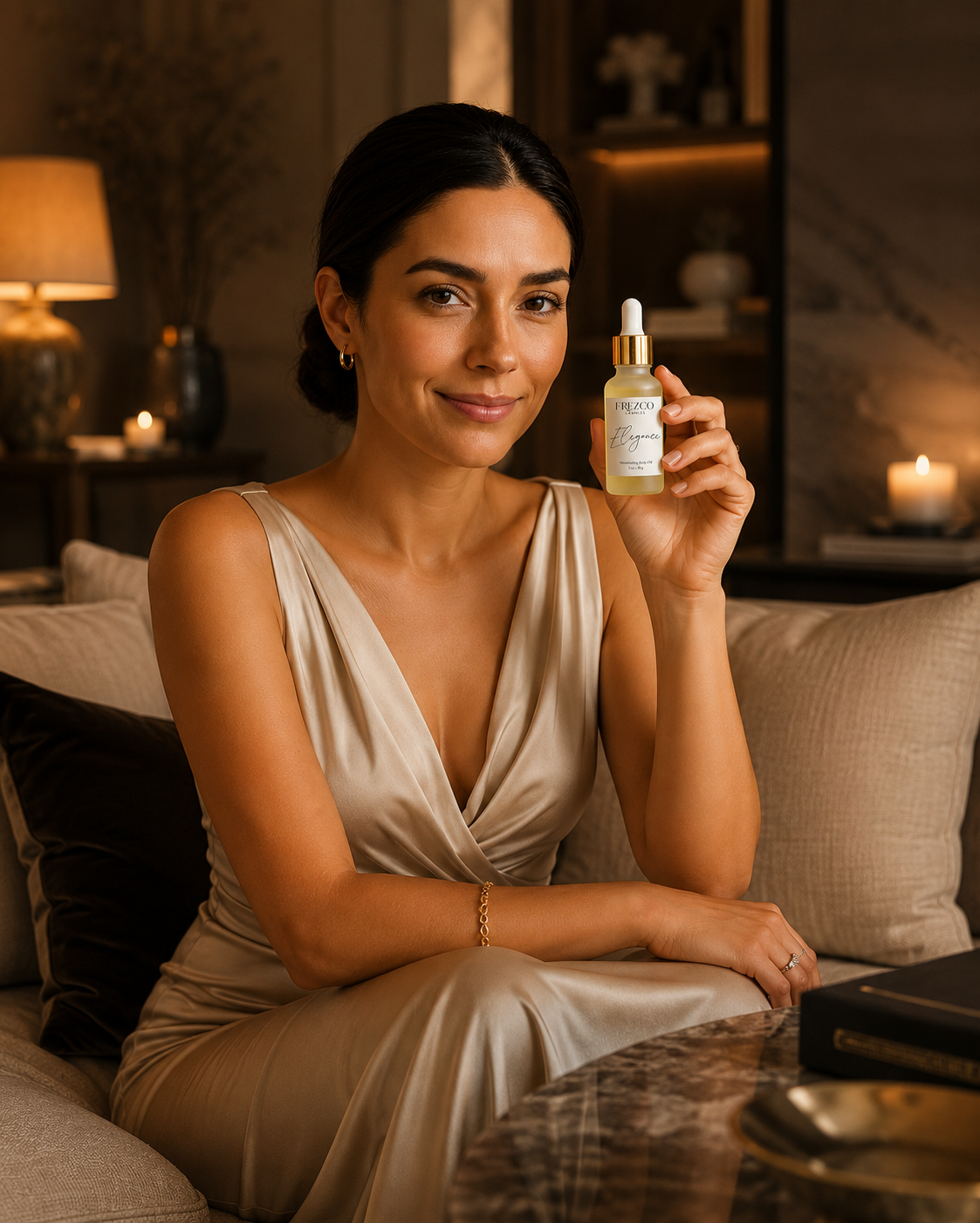 Woman holding a skincare product in a cozy indoor setting
