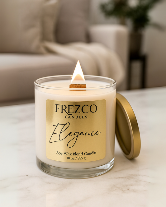 Frezco Candles elegance candle on a marble surface with a blurred background