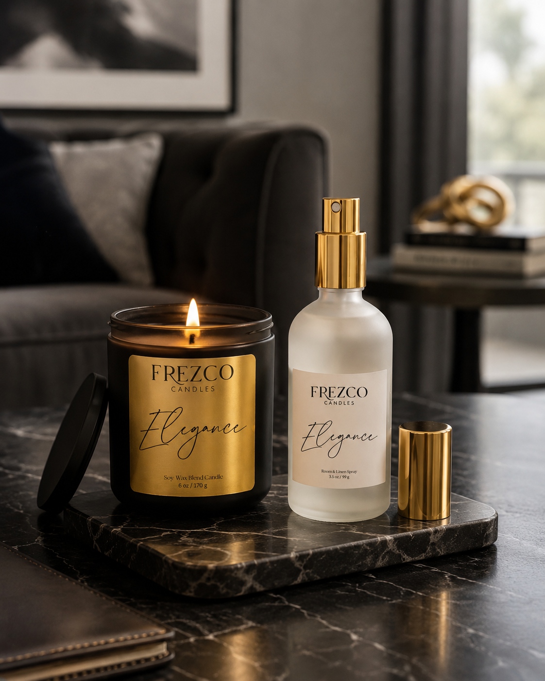 Frezco Candles and spray on a marble surface with a blurred indoor background