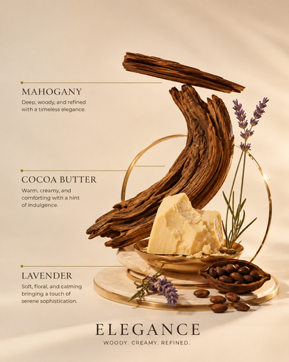 Decorative display with wooden elements, lavender, and cocoa butter on a beige background.