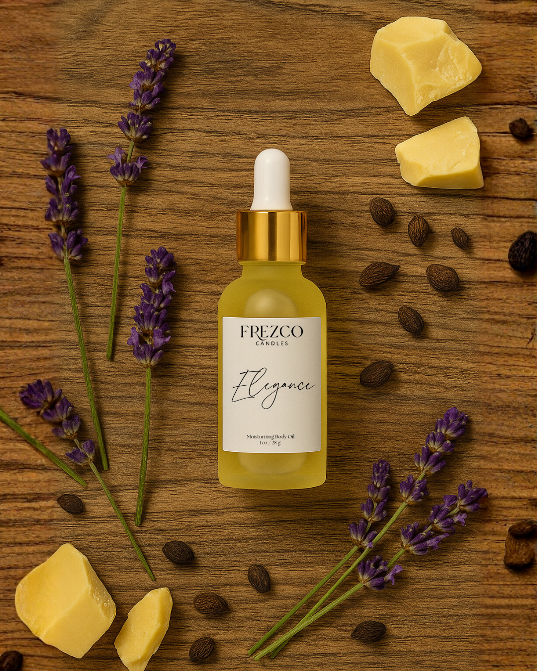Frezco Elegance skincare oil bottle with lavender flowers and beeswax on a wooden background