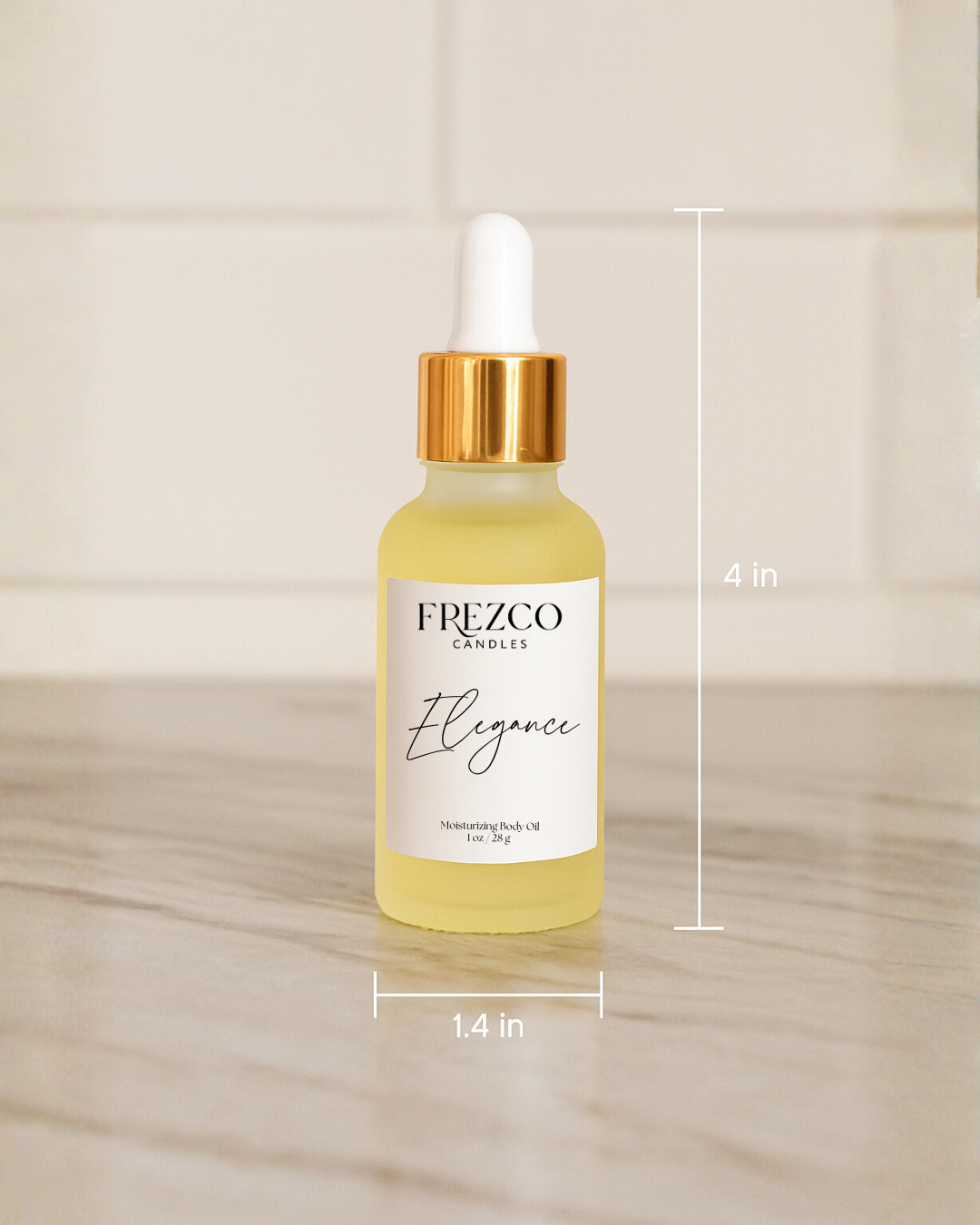 Frezco Elegance skincare product bottle with measurements on a neutral background
