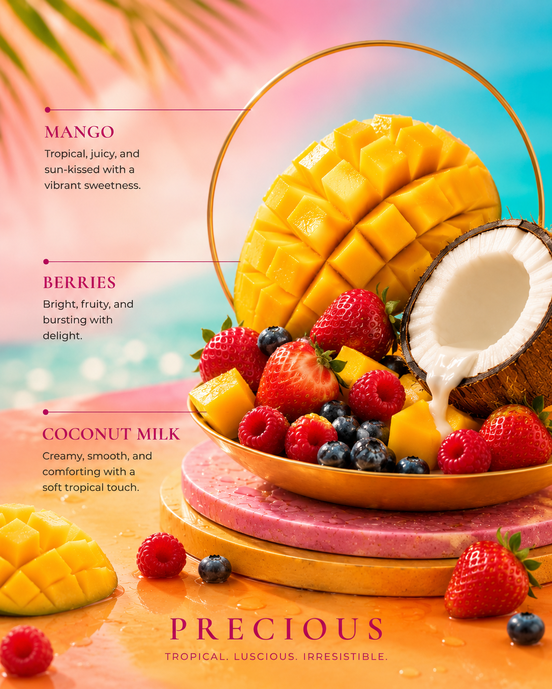 Fruit platter with mango, berries, and coconut on a colorful background