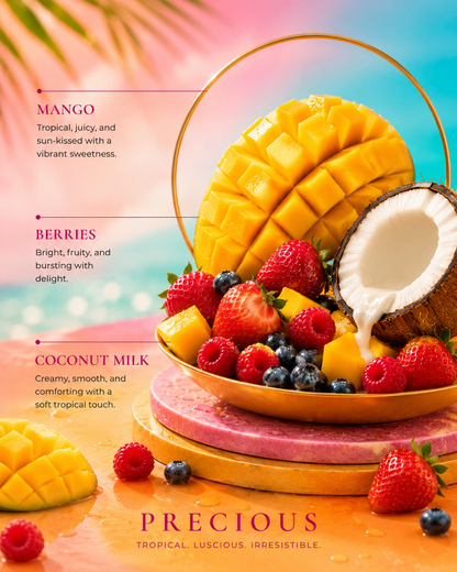 Fruit platter with mango, berries, and coconut on a colorful background