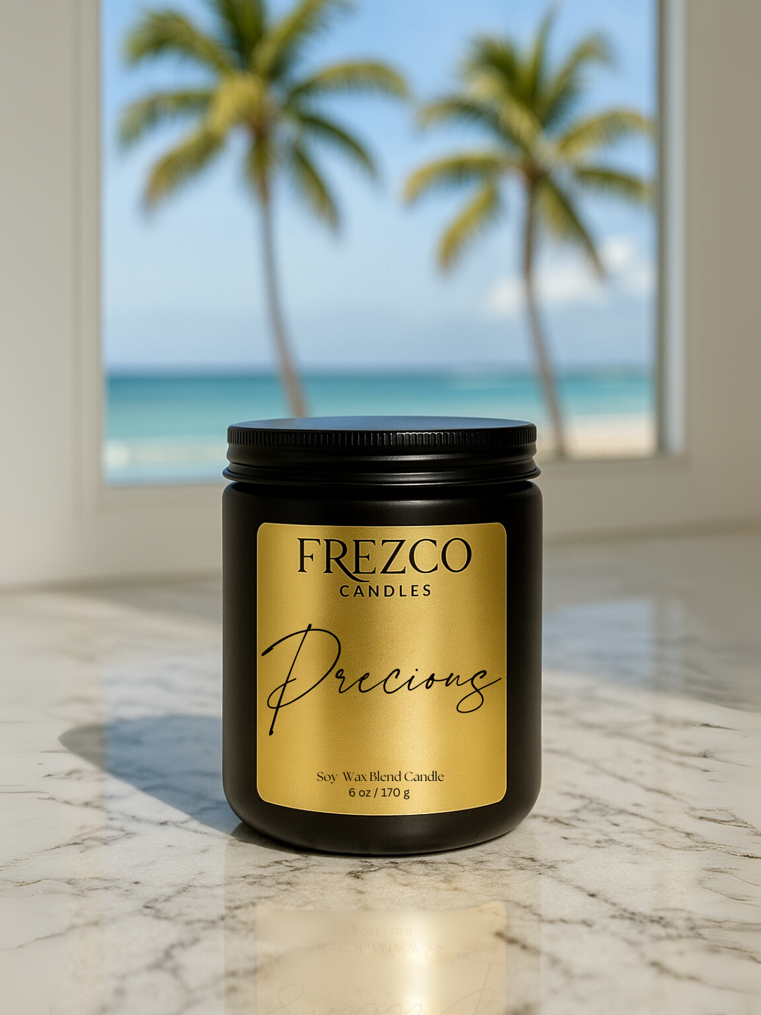 Frezco Candles Precious candle on a marble surface with a beach view in the background