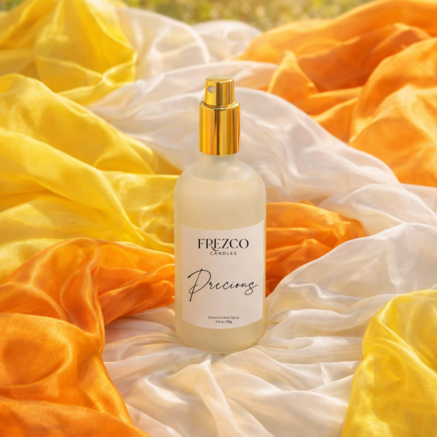 Frezco candle spray bottle on colorful fabric background