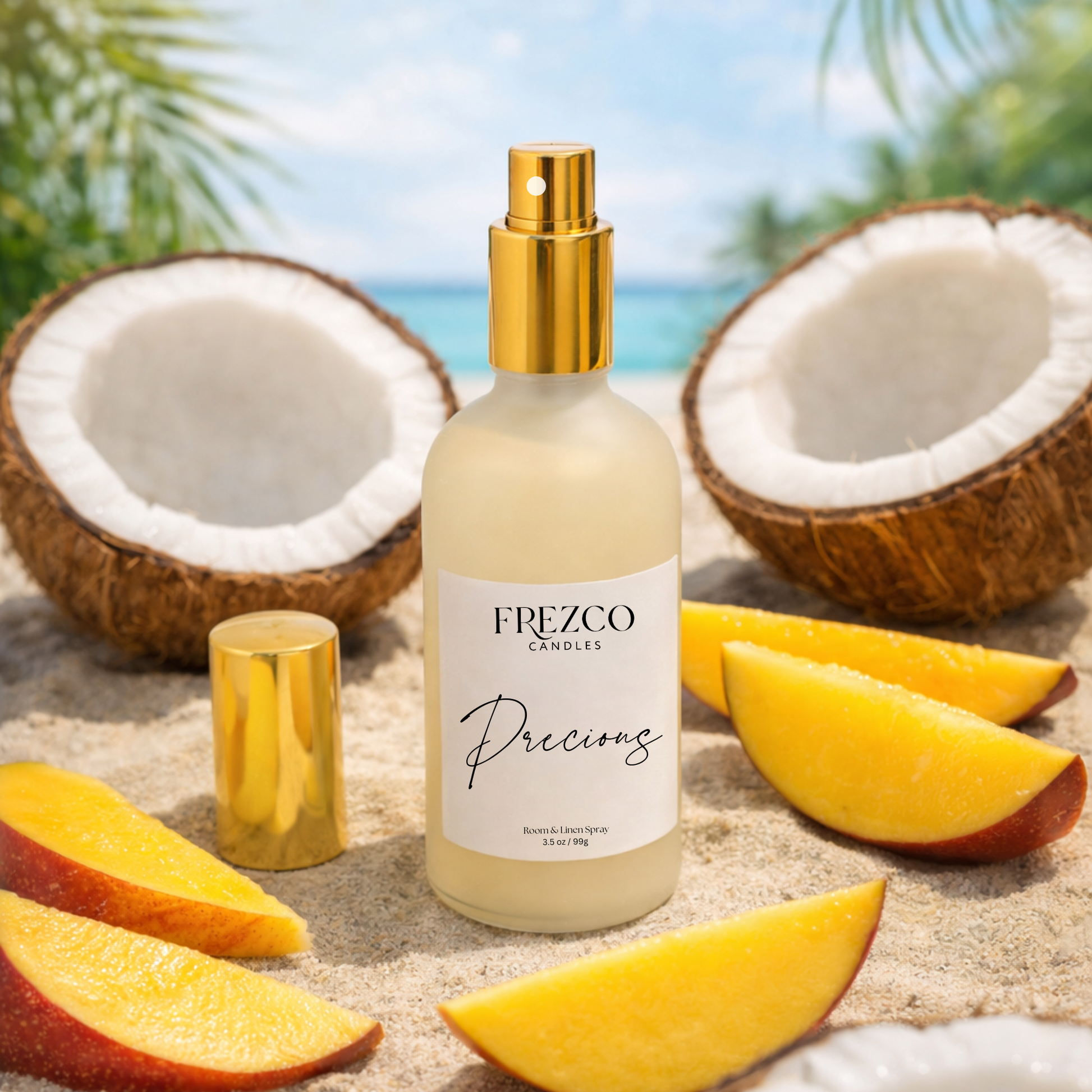 Frezco Candles 'Precious' mango-scented spray bottle with coconuts and mango slices on a beach background