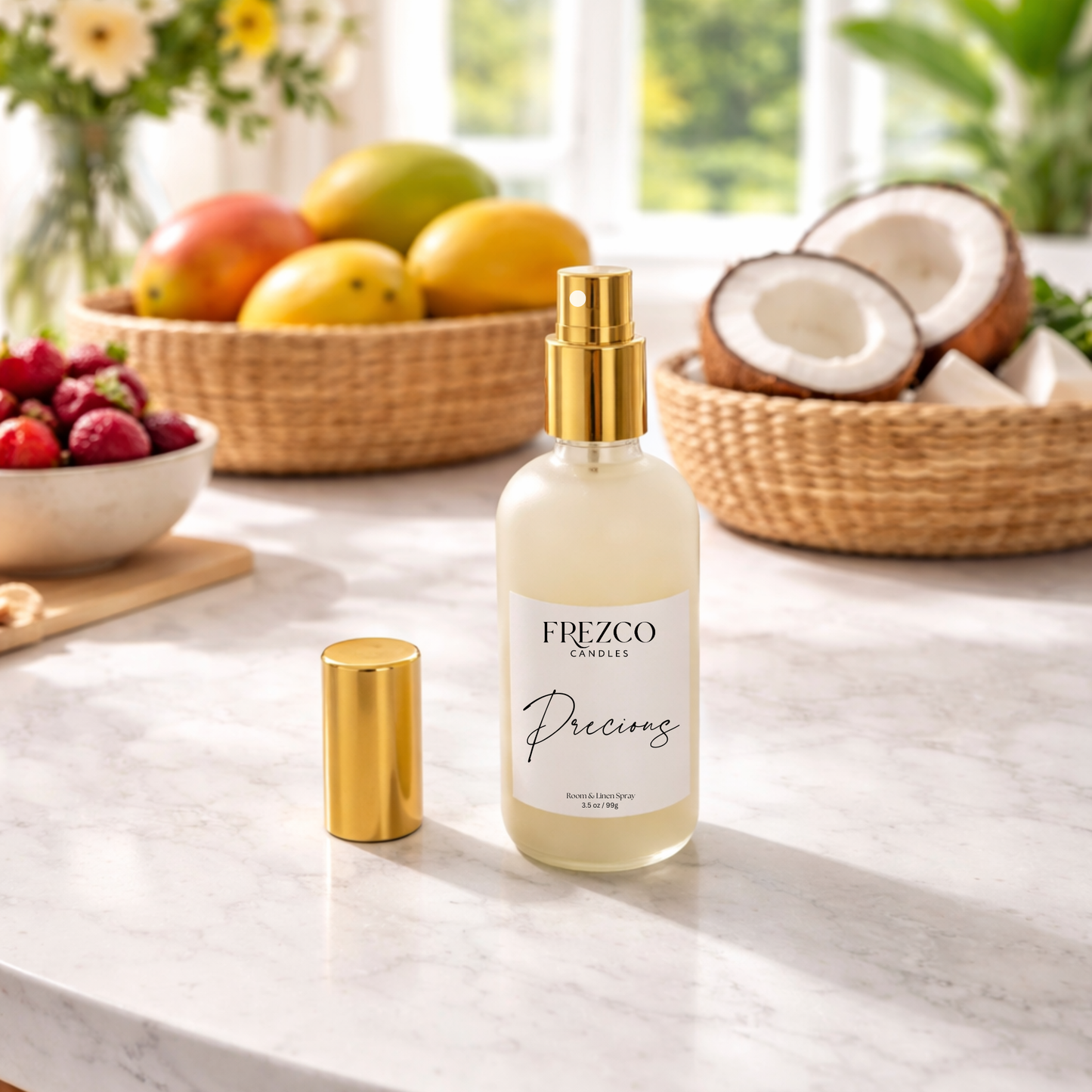 Frezco bottle on a table with fruits and coconuts in the background