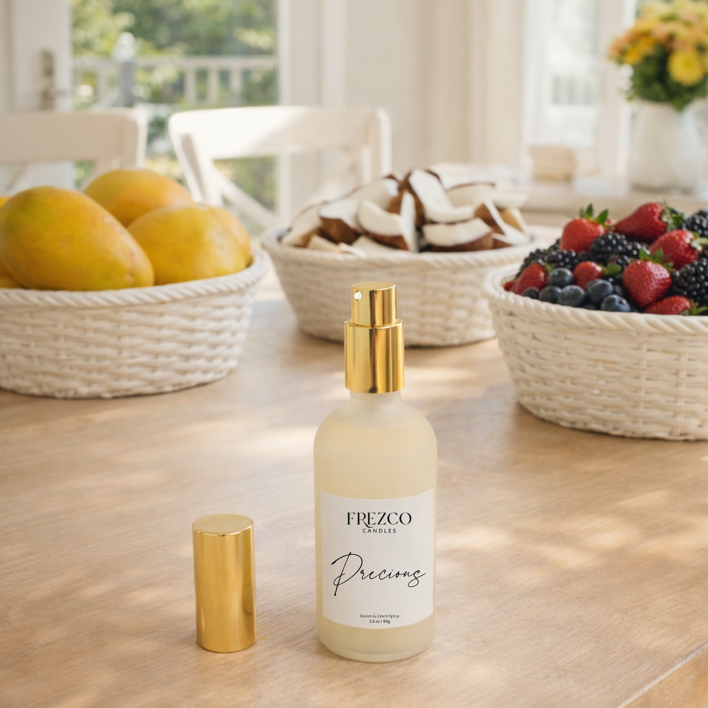 Frezco bottle labeled 'Precious' on a table with fruit bowls in the background