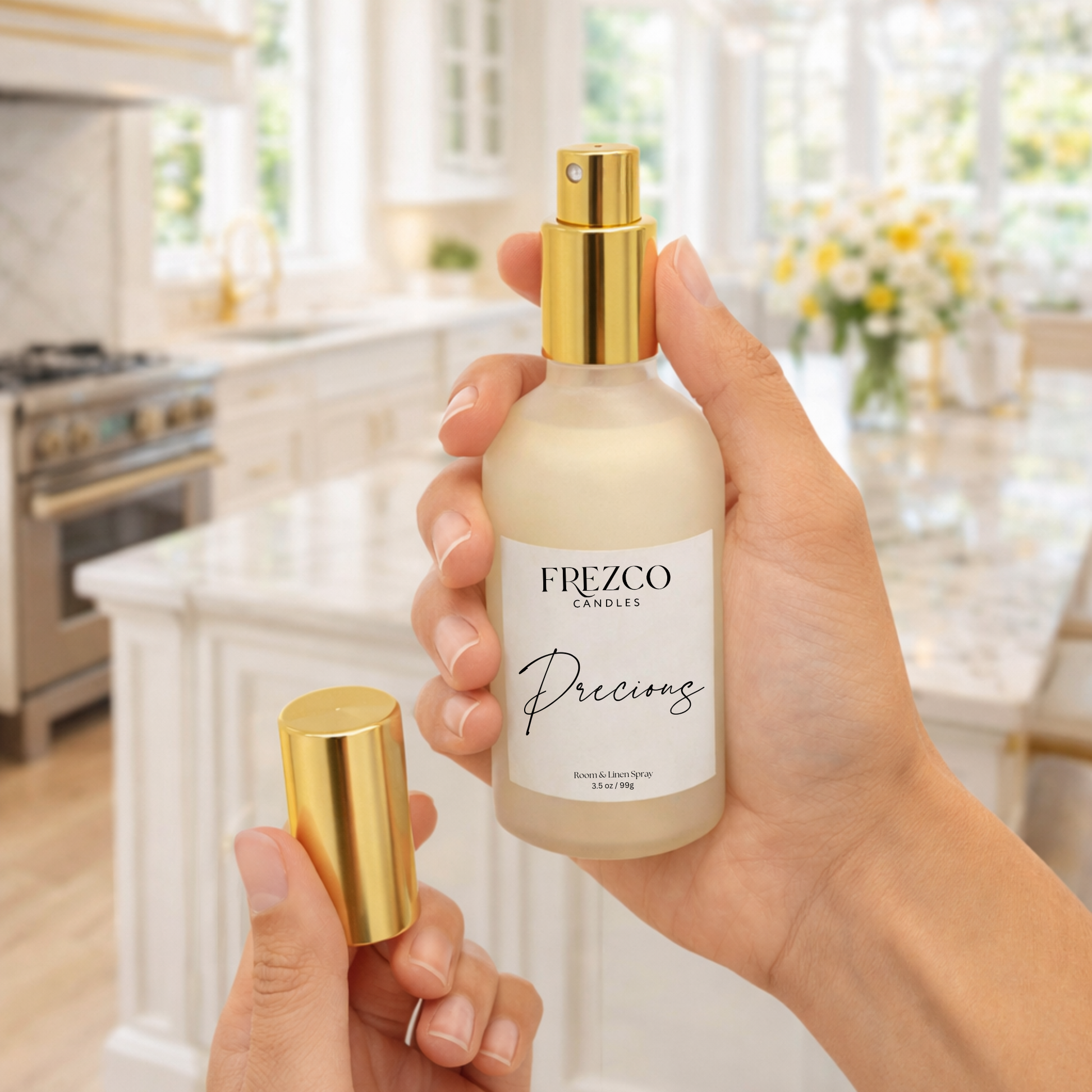 Hand holding a Frezco Candles bottle with gold cap in a kitchen setting