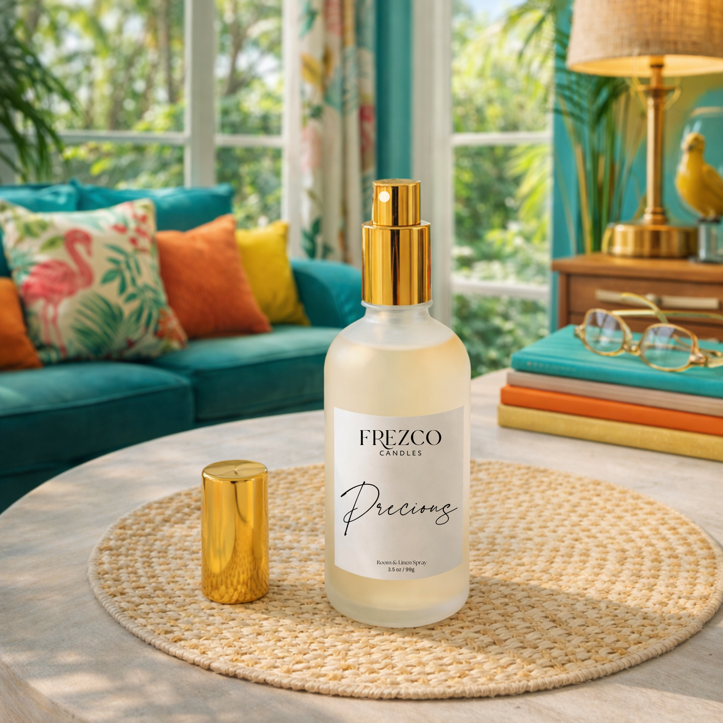Frezco Candles bottle on a table with a colorful living room background