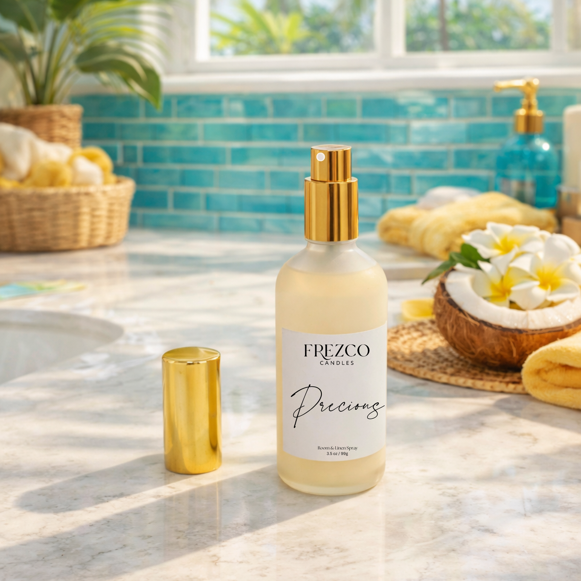 Frezco Candles bottle with gold cap on a bathroom counter