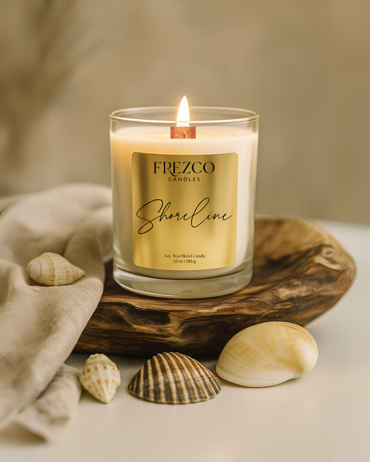 Shoreline 10oz Luxury Soy Candle – Coastal Coconut, Amber & Sandalwood | Wood Wick, Clean Burning Home Fragrance