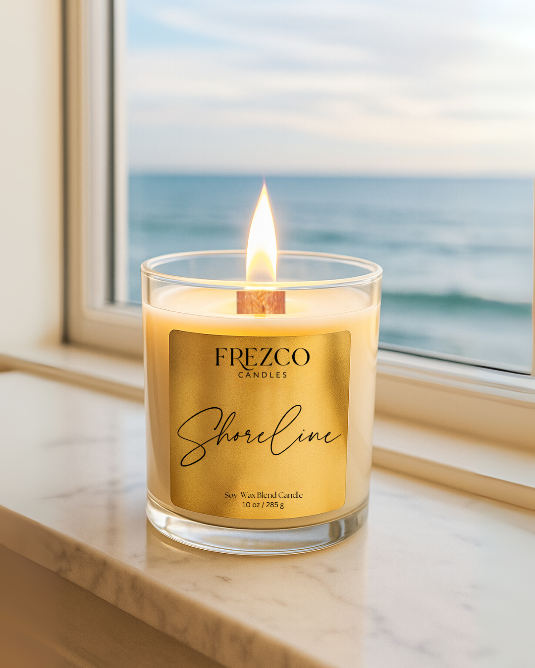 Shoreline 10oz Luxury Soy Candle – Coastal Coconut, Amber & Sandalwood | Wood Wick, Clean Burning Home Fragrance