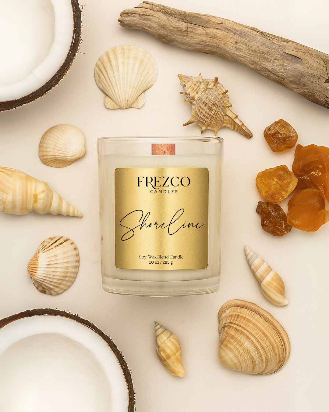 Shoreline 10oz Luxury Soy Candle – Coastal Coconut, Amber & Sandalwood | Wood Wick, Clean Burning Home Fragrance
