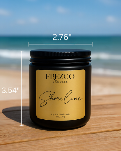 Frezco Candles Shoreline candle with measurements on a wooden surface and beach background