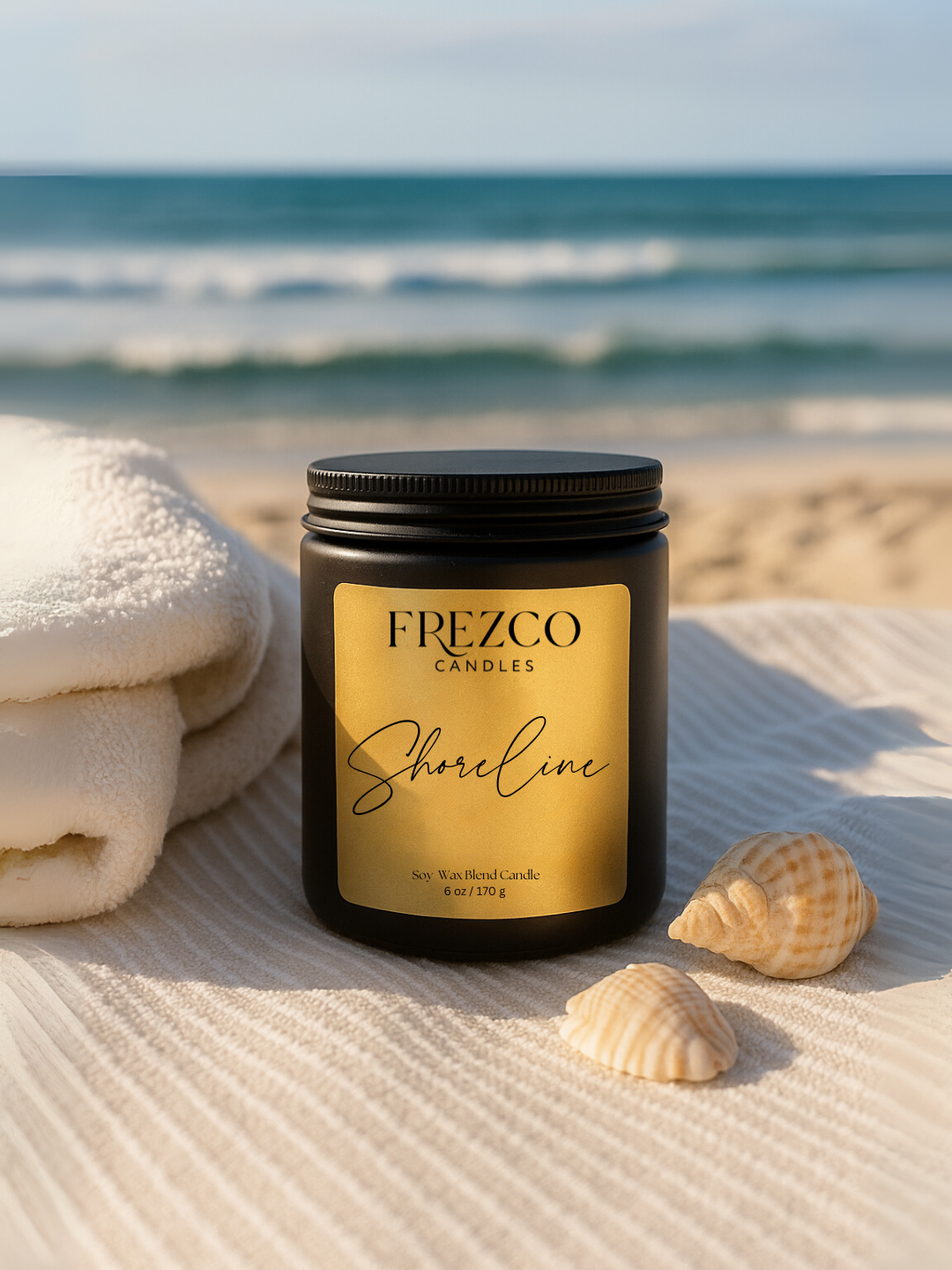 Frezco Candles Shoreline candle on a sandy beach with ocean view