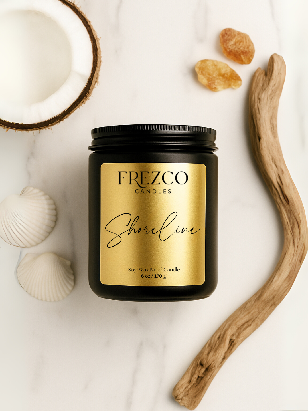Frezco Candles Shoreline candle with natural elements on a light background